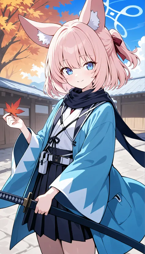 niko (blue archive),blue eyes,pink hair,medium hair,short ponytail,animal ears,halo, solo, I can see my eyebrows from the inside of my hair, hair between eyes,　 masterpiece, Best Quality, very aesthetic,　 japanese clothes, white kimono, red mini skirt,  ou...