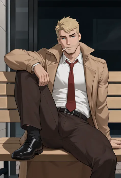 masterpiece,best quality,newest,perfect quality,best quality,detailed background,male focus,solo,johnc,1boy,blonde hair,tan trench coat,white collared shirt,belt,dark brown pants, bulge,,black socks,black shoes,red necktie,looking at viewer,sitting,bench,l...