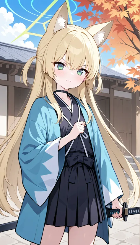 kurumi (blue archive),green eyes,blonde hair,long hair,animal ears,halo,choker, solo, I can see my eyebrows from the inside of my hair, hair between eyes,　 masterpiece, Best Quality, very aesthetic,　 japanese clothes, black kimono, black mini skirt,  outdo...