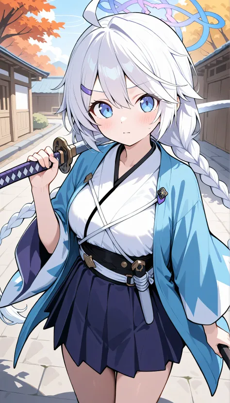 kirino (blue archive),blue eyes,white hair,very long hair,ahoge,twin braids,halo,hairclip,medium breasts, solo, I can see my eyebrows from the inside of my hair, hair between eyes,　 masterpiece, Best Quality, very aesthetic,　 japanese clothes, white kimono...