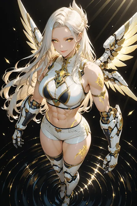 Full body shot from above, showing the face of a tall, elegant, and very muscular mature woman radiating warmth and divine grace. Her tied long flowing godddess hairstyle golden-white hair shines softly with sunlight highlights, tied neatly behind her shou...
