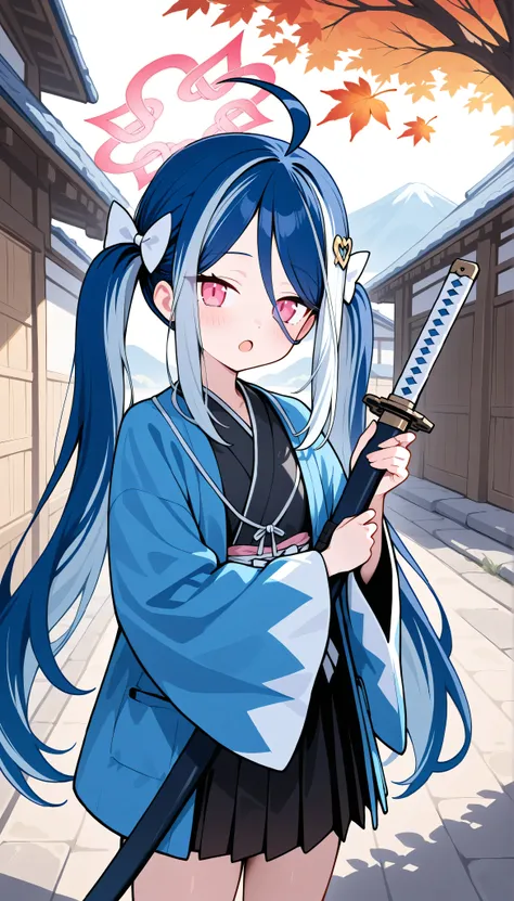 fubuki (blue archive), pink eyes,blue hair,twintails,hair ornament,ahoge,halo, solo, I can see my eyebrows from the inside of my hair, hair between eyes,　 masterpiece, Best Quality, very aesthetic,　 japanese clothes, black kimono, pink mini skirt,  outdoor...