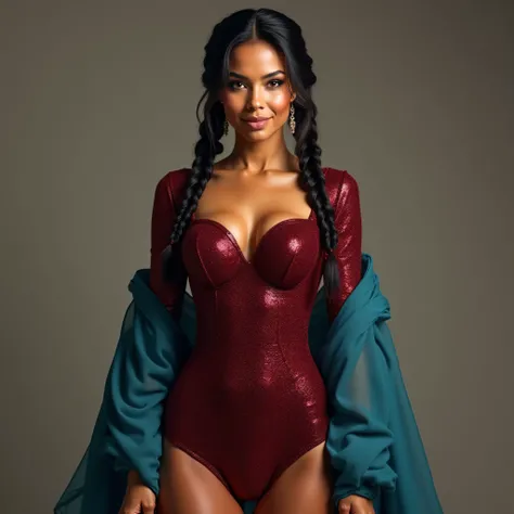 A realistic, high resolution photograph of a beautiful Native American woman in her 20's; full body frontal view facing the camera with her arms at her side, looking at the camera. There is extra space in the photo above her head. She has an shapely, hourg...