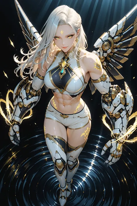 Full body shot from above, showing the face of a tall, elegant, and muscular mature woman radiating warmth and divine grace. Her tied long flowing godddess hairstyle golden-white hair shines softly with sunlight highlights, tied neatly behind her shoulders...