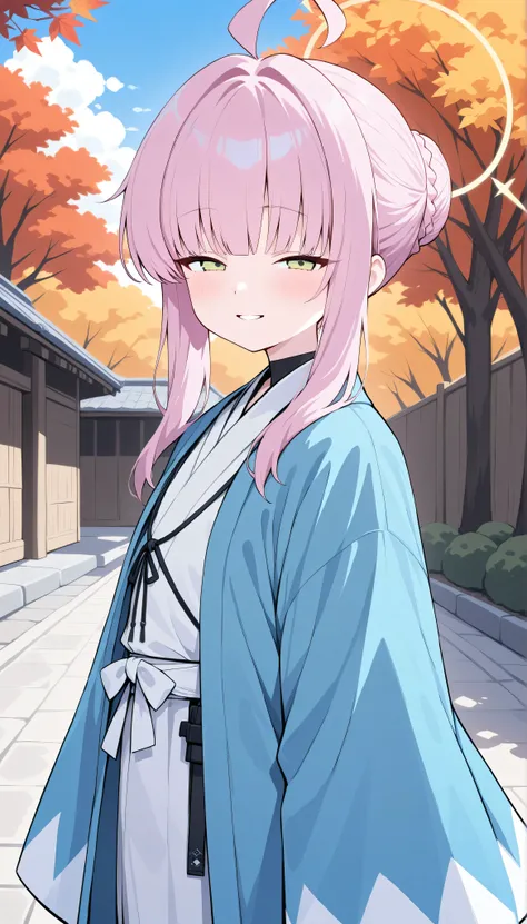 shiranui kaya (blue archive), halo, pink hair, blunt bangs, sidelocks, braided bun, tied hair, ahoge, green eyes, solo, I can see my eyebrows from the inside of my hair, hair between eyes,　 masterpiece, Best Quality, very aesthetic,　 japanese clothes, whit...