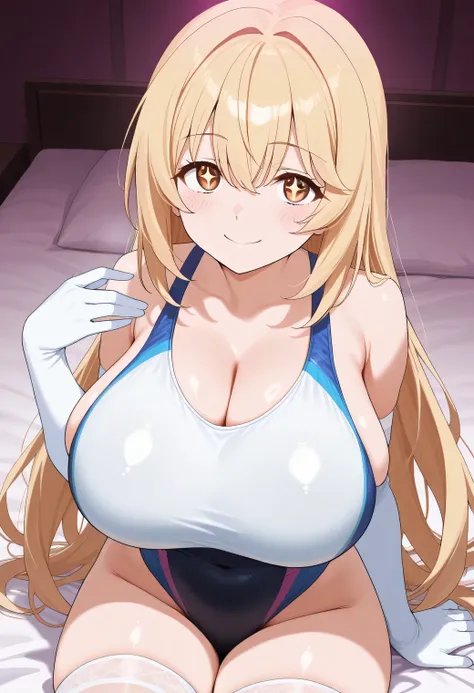 １girl, solo, looking at_in_viewer, white_gloves, elbow_gloves, white_thigh high socks,competitive swimsuit, competition swimsuit, smile, +_+,  popup, too big chewy , hyper breasts, brown with swe_eye,  very_length_hair,  closed _mouth, hair_between_eye, be...