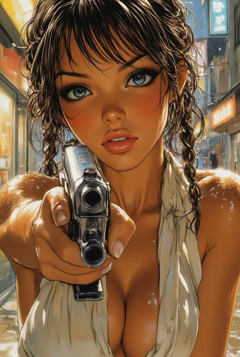 Soggetto
1 breathtaking woman
(facing viewer, looking at viewer, intense gaze)
(holding gun (perfect design), aiming at viewer)
(challenge smile, confident)
(wet hair, long braids, strands of hair sticking to face and neck)
(wet white tank top, no br...