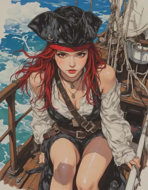 vivid, Very Detailed, Award-Winning Illustrations, Professional. female pirate on a pirate ship、seducing viewers with her sexy eyes, ((brave expression 1.6))、(((Anatomically correct body))), ocean and pirate ship background、Female pirate wearing a pirate h...