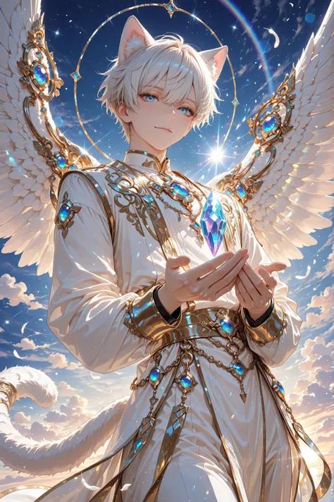 1boy, angelic jewel boy with soft platinum hair and light blue eyes, cat ears and fluffy tail, elegant white and gold outfit with gemstone accents, glowing feathered wings, holding a crystal shard that radiates rainbow light, gentle smile, surrounded by s...