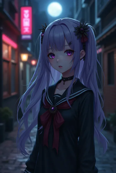 An anime girl with a black sailor uniform, standing in a dark alley at night. She has pale skin, long flowing hair with subtle purple highlights, and striking eyes with gothic makeup. The sailor outfit features silver trim and a dark red bow. Gothic aesthe...