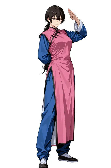 gsfghtr, multicolored robe, chinese clothes,KungFuUniform,score_9, score_8_up, score_7_up, gsfghtr, 1girl, serious, low ponytail, kohei horitoshi, white background, mature female, hide one arm behind back, show another kung fu hand pose, kung fu master, pi...