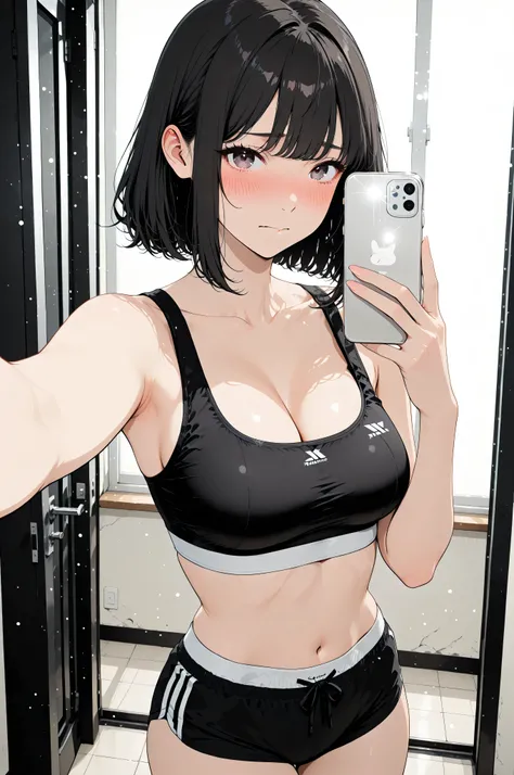 high school girl、in underwear、embarrassed faces、sports bra、selfie style

