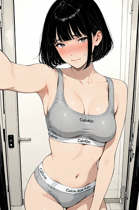 high school girl、in underwear、embarrassed faces、Calvin Klein、selfie style、SHORT BOB HAIR、

