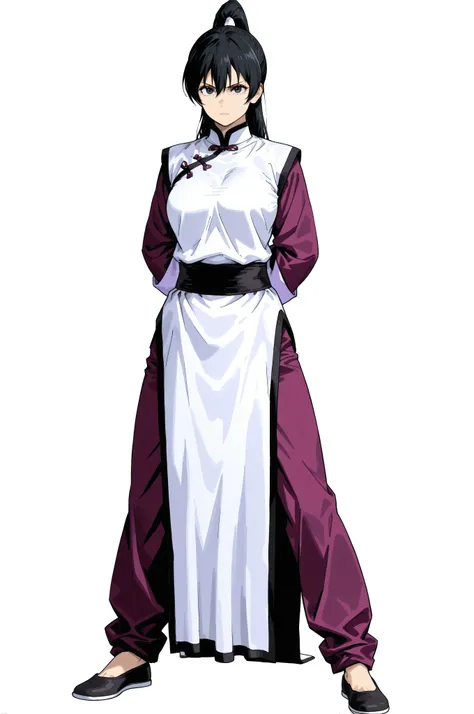 gsfghtr, multicolored robe, chinese clothes,KungFuUniform,score_9, score_8_up, score_7_up, gsfghtr, 1girl, serious, long ponytail, kohei horitoshi, white background, mature female, hide arms behind back, kung fu master, white dress, purple sleeve,  full bo...