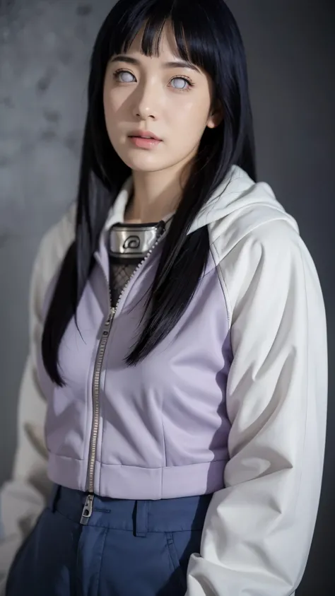 Hyuga Hinata from Naruto Shippuden, half body portrait, wearing her original anime outfit — lavender and cream hooded jacket with dark blue pants, long indigo hair, pale lavender eyes, gentle and shy expression, ultra realistic, hyper detailed, 8K resoluti...