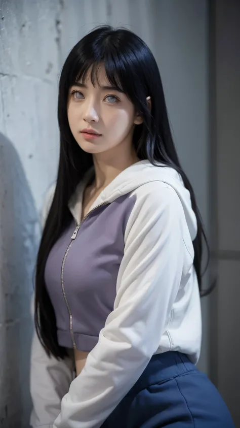 Hyuga Hinata from Naruto Shippuden, half body portrait, wearing her original anime outfit — lavender and cream hooded jacket with dark blue pants, long indigo hair, pale lavender eyes, gentle and shy expression, ultra realistic, hyper detailed, 8K resoluti...