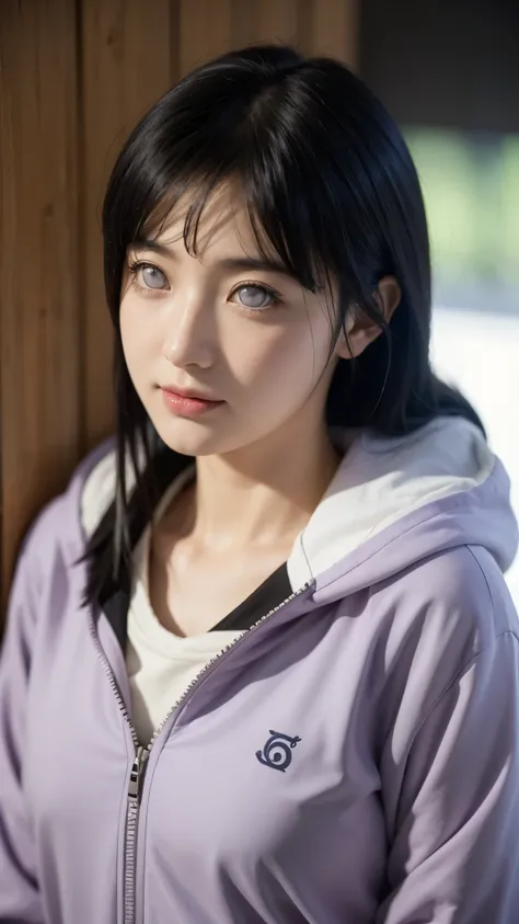 Hyuga Hinata from Naruto Shippuden, half-body portrait, wearing her original anime outfit — lavender and cream hooded jacket with a black mesh undershirt and Konoha forehead protector, long indigo hair, pale lavender Byakugan eyes, soft expression with a g...