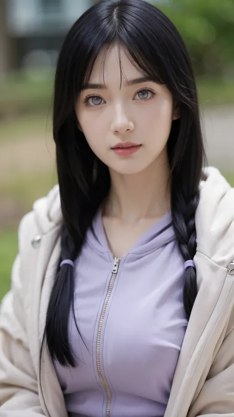 Hyuga Hinata from Naruto Shippuden, half-body portrait, wearing her original anime outfit — lavender and cream hooded jacket with a black mesh undershirt and Konoha forehead protector, long indigo hair, pale lavender Byakugan eyes, soft expression with a g...