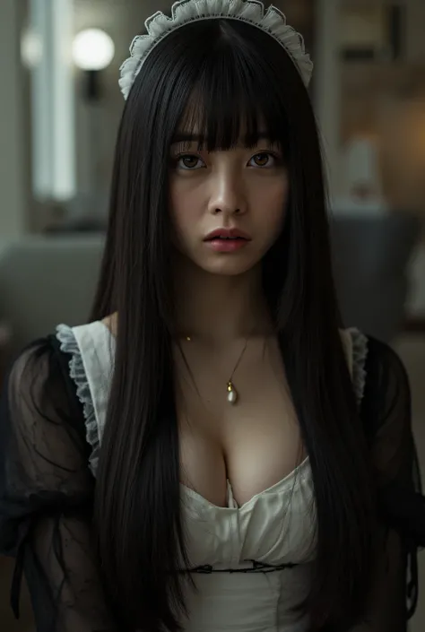 Beautiful woman with a hollow expression、long straight black hair、 {{{{{Perfect Fingers}}}}}、BREAK、、1girl、{{{{{big breasts}}}}}、、、Empty Eyes、 expressionless、emotionless, Authority 、sexy maid clothes、Position、FULL BODY SHOT、A love hotel with an adult atmosp...