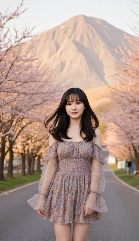 A stunning portrait of a young woman with long, flowing black hair standing gracefully on a countryside road, surrounded by lush cherry blossom trees in full bloom. She wears an elegant, off-shoulder floral dress with delicate ruffled sleeves, a cinched wa...