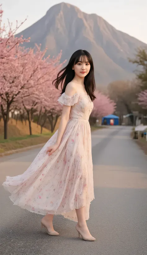 A stunning portrait of a young woman with long, flowing black hair standing gracefully on a countryside road, surrounded by lush cherry blossom trees in full bloom. She wears an elegant, off-shoulder floral dress with delicate ruffled sleeves, a cinched wa...