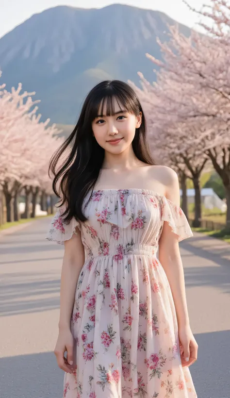 A stunning portrait of a young woman with long, flowing black hair standing gracefully on a countryside road, surrounded by lush cherry blossom trees in full bloom. She wears an elegant, off-shoulder floral dress with delicate ruffled sleeves, a cinched wa...