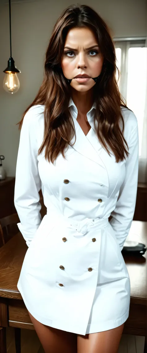 huge_breasted:1.5 18yo girl in slutty_school_girl_oufit:1.4, serious expression, standing before a stern disciplinary committee, detailed facial features, imposing table in front, austere wood paneled room, dramatic lighting, photorealistic,4K,high resolut...