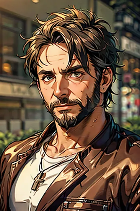 anime style, upper body portrait, mature 50s male rock guitarist with neatly groomed white beard and mixed graying hair, wearing a distinctive red copper leather jacket, calm and wise expression, detailed and textured clothing, photorealistic anime lightin...