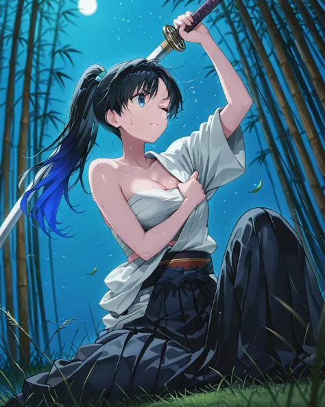 ((言語: 日本語、英語)、(Masterpiece), (Highest Quality), (High Score), (High Resolution),(4k),(one Long Sword,japanise long Sword),(she grabs a long Sword),(Swordplay pose),Uncensored,),
(この画像はNFSWではない）、(正常な彩色、正常な画像生成）、
(古代の日本、(夏)、(夜)、（夜空）、(屋外)、1girl,,solo,),
(mast...