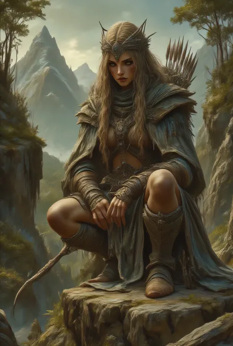 Beautiful female warrior, Greek Amazon warrior, female armor, imaginary female paladin warrior, warrior queen, detailed digital art, holding a bow and arrow, stalking in the forest, wearing a tracker outfit, hood, suede boots, piercing eyes, sunburn, kneel...