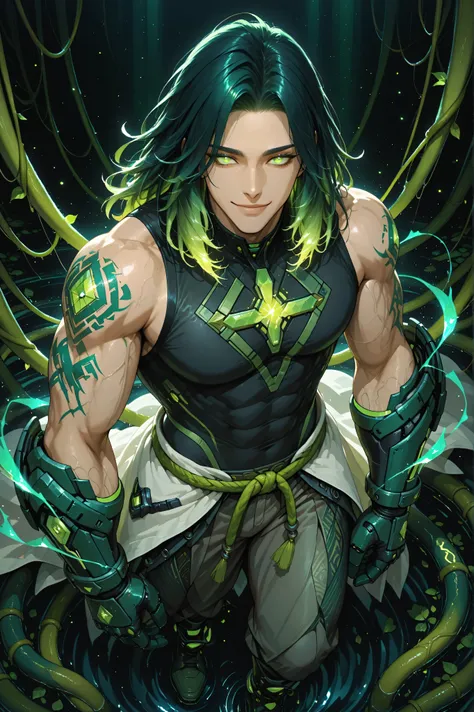 Full body shot from above, showing a tall, handsome, and muscular young man with Asian skin and a warm, confident smile. His messy medium-long dark hair glows softly with emerald-green streaks, flowing naturally with a lively, untamed look. His bright gree...