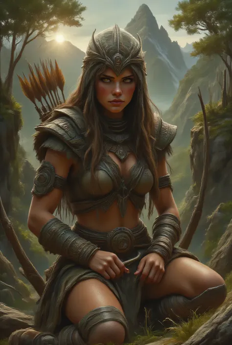 Beautiful female warrior, Greek Amazon warrior, female armor, imaginary female paladin warrior, warrior queen, detailed digital art, holding a bow and arrow, stalking in the forest, wearing a tracker outfit, hood, suede boots, piercing eyes, sunburn, kneel...