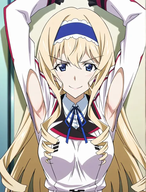 masterpiece, best quality, amazing quality, anime screencap, anime coloring, 1girl, solo, cecilia alcott, blonde hair, long hair, drill hair, blue eyes, medium breasts, infinite stratos academy school uniform, blue hairband, frilled hairband, white dress, ...