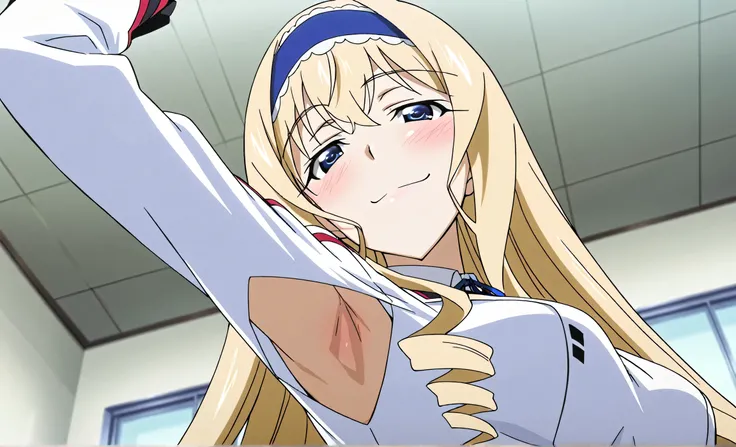 masterpiece, best quality, amazing quality, anime screencap, anime coloring, 1girl, solo, cecilia alcott, blonde hair, long hair, drill hair, blue eyes, medium breasts, infinite stratos academy school uniform, blue hairband, frilled hairband, white dress, ...