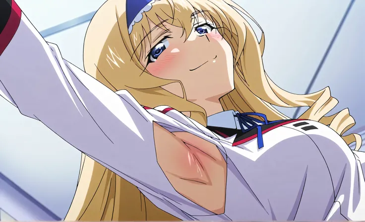 masterpiece, best quality, amazing quality, anime screencap, anime coloring, 1girl, solo, cecilia alcott, blonde hair, long hair, drill hair, blue eyes, medium breasts, infinite stratos academy school uniform, blue hairband, frilled hairband, white dress, ...