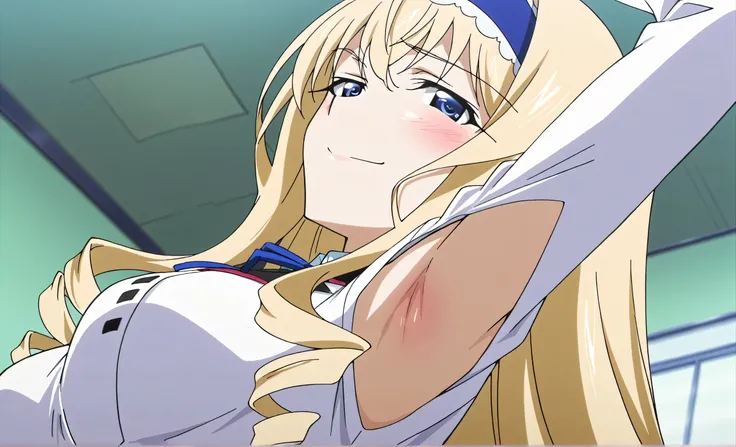 masterpiece, best quality, amazing quality, anime screencap, anime coloring, 1girl, solo, cecilia alcott, blonde hair, long hair, drill hair, blue eyes, medium breasts, infinite stratos academy school uniform, blue hairband, frilled hairband, white dress, ...