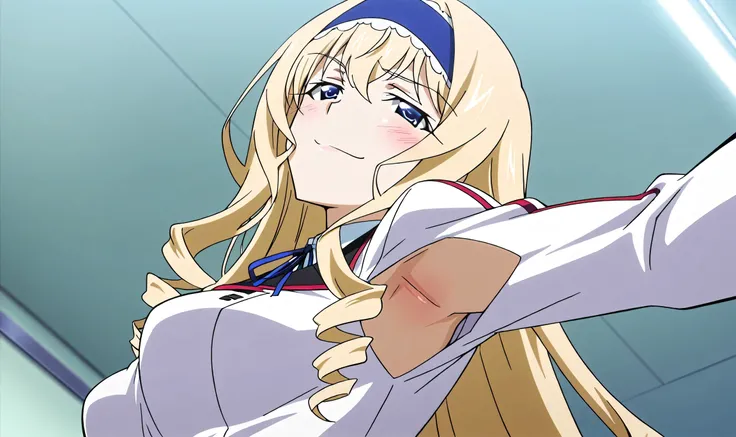 masterpiece, best quality, amazing quality, anime screencap, anime coloring, 1girl, solo, cecilia alcott, blonde hair, long hair, drill hair, blue eyes, medium breasts, infinite stratos academy school uniform, blue hairband, frilled hairband, white dress, ...