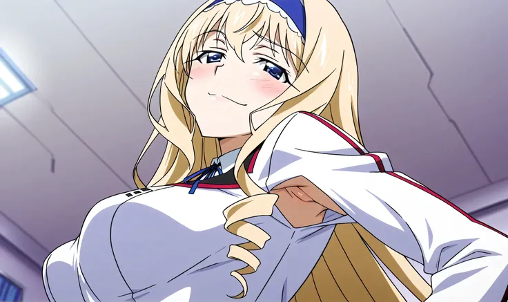 masterpiece, best quality, amazing quality, anime screencap, anime coloring, 1girl, solo, cecilia alcott, blonde hair, long hair, drill hair, blue eyes, medium breasts, infinite stratos academy school uniform, blue hairband, frilled hairband, white dress, ...