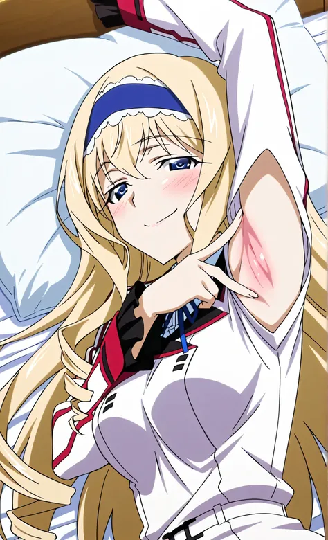 masterpiece, best quality, amazing quality, anime screencap, anime coloring, 1girl, solo, cecilia alcott, blonde hair, long hair, drill hair, blue eyes, medium breasts, infinite stratos academy school uniform, blue hairband, frilled hairband, white dress, ...