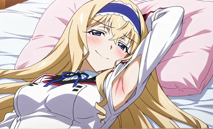 masterpiece, best quality, amazing quality, anime screencap, anime coloring, 1girl, solo, cecilia alcott, blonde hair, long hair, drill hair, blue eyes, medium breasts, infinite stratos academy school uniform, blue hairband, frilled hairband, white dress, ...