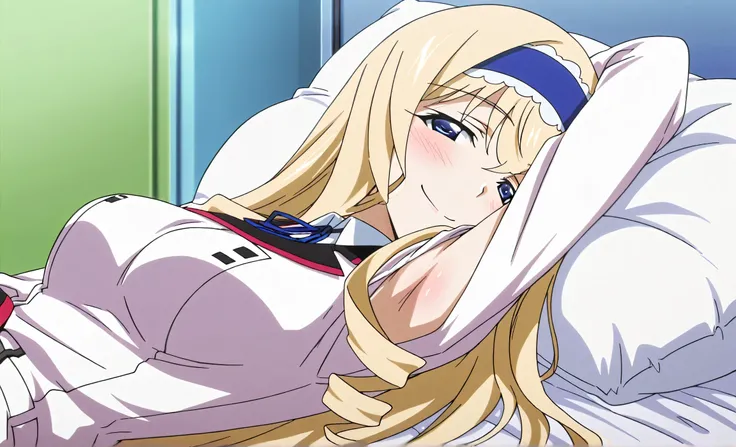 masterpiece, best quality, amazing quality, anime screencap, anime coloring, 1girl, solo, cecilia alcott, blonde hair, long hair, drill hair, blue eyes, medium breasts, infinite stratos academy school uniform, blue hairband, frilled hairband, white dress, ...