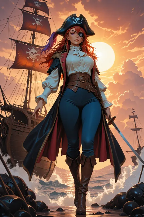 aidmaMJ6.1,midjourney ,a portrait of a woman pirate holding a saber on a pirate ship ready for battle, full body, ultra detailed face, looking tense, looking dangerous, dynamic eye color. dynamic hair color, braided hair, wearing eye patch, dynamic skin c...