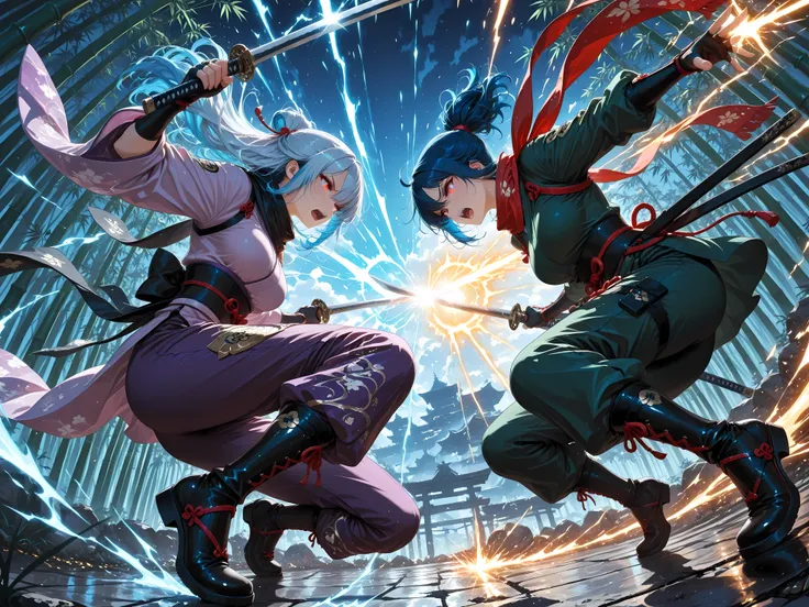 rich anime, (masterpiece:1.3), (best quality), (ultra detailed), (dramatic lighting), (dynamic perspective:1.3), two kunoichi warriors locked in a fierce clash, both blades colliding at the center with intense sparks and energy burst, one on the left with ...