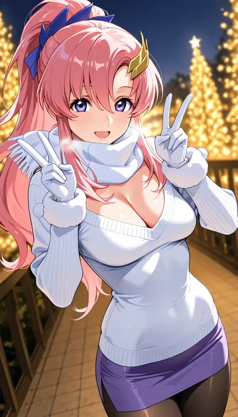 score_9, score_8_up, score_7_up, source_anime, Top Quality、8k、masterpiece、natural light、and high precision、perfect anatomy、solo, small breasts, (sagging breasts:1.1), (voluptuous body:1.2), lacus_c, long hair, ponytail, pink hair, hair between eyes, purple...