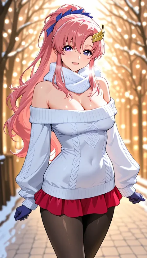 score_9, score_8_up, score_7_up, source_anime, Top Quality、8k、masterpiece、natural light、and high precision、perfect anatomy、solo, small breasts, (sagging breasts:1.1), (voluptuous body:1.3), lacus_c, long hair, ponytail, pink hair, hair between eyes, purple...