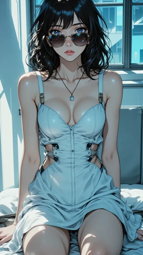 Waist-up shot, professional fashion model pose, graceful with one shoulder forward.
Direct, calm, confident, enigmatic gaze.
Left hand on collarbone or hip.
Perfectly still hair and pendant.
Clear, focused eyes with a distant allure.
Masterpiece, best qual...