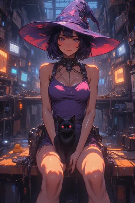 // Pose & Anatomy
front view
Motoko Kusanagi sitting on a workbench, upper body visible
playing with a black cat
gentle haze rises from the floor, blending with soft ambient light
flawless realistic skin texture, soft reflections
// Character & Apparel
Mo...