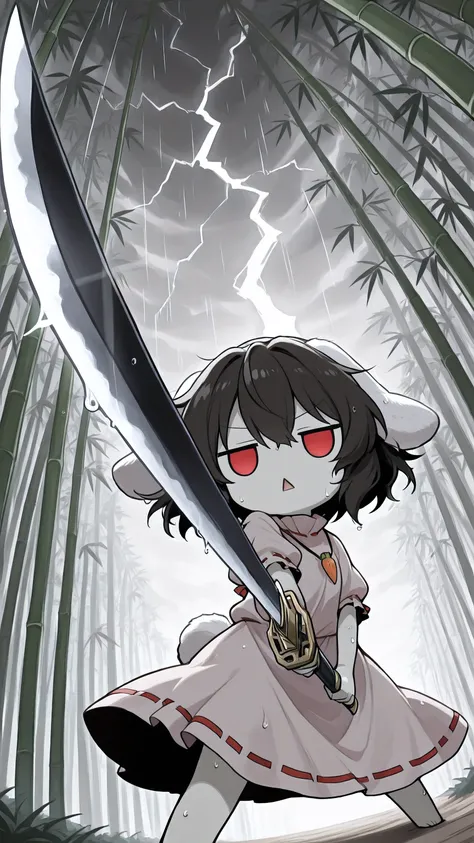 masterpiece,best quality,8k,cute oil skin, shiny skin,
((focus girl)),(((red eyes))),(((o_o))),(((jitome))),(((triangle mouth))),leaning forward,(inaba tewi, 1girl, solo, black hair, short hair, rabbit ears, floppy ears, rabit tail,pink shirt, pink skirt,...