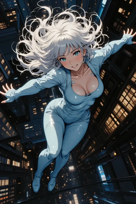 Full body shot, dynamic action pose, angled pose, three-quarter view, with ample space, no cropping.
She is captured mid-air, falling gracefully through the sky with both arms spread wide, as if soaring or descending with purpose.
Her body is subtly arched...