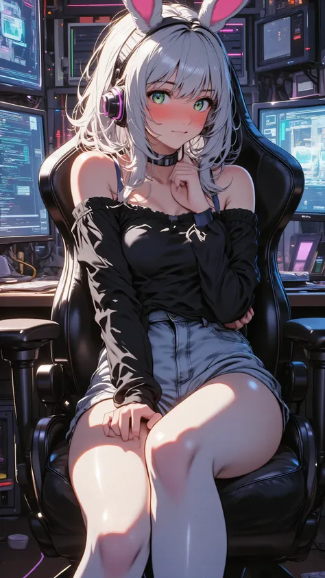 masterpiece, best quality, 2D anime style, anime artwork,
Full body shot, dynamic pose, angled pose, three-quarter view, with ample space, no cropping.
Leaning back slightly in her high-tech gaming chair, arms crossed over her chest, her body turned slight...